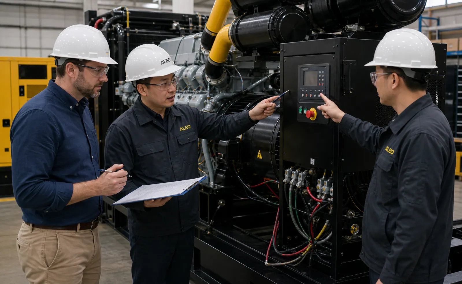 ALEO POWER engineers inspecting generator control panel with customer