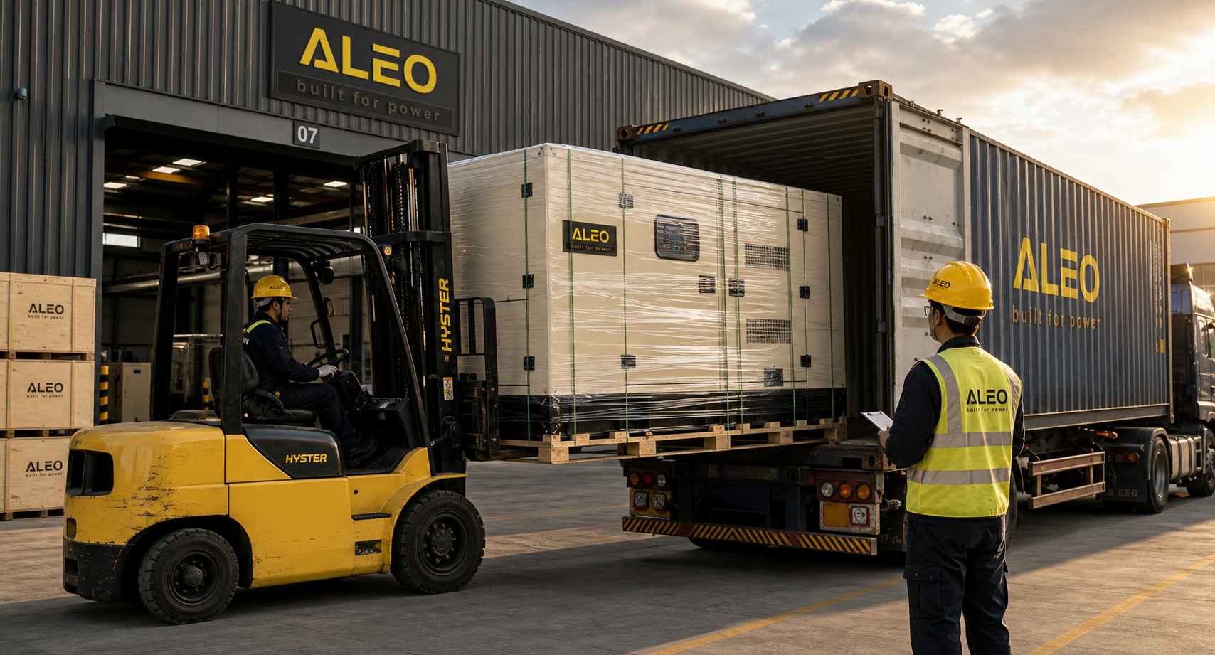 ALEO POWER generator set export packing and container delivery