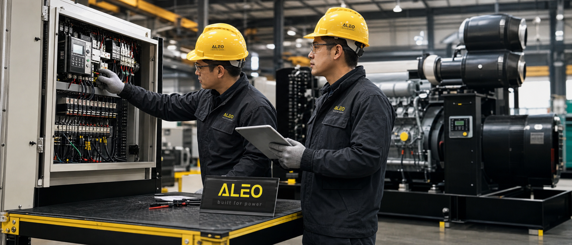 ALEO POWER engineers inspecting generator set control system